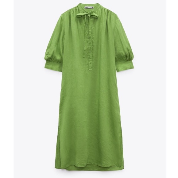 Zara Dresses & Skirts - Nwt Zara Pure Linen Neck Tie 100% European Apple Green Linen dress